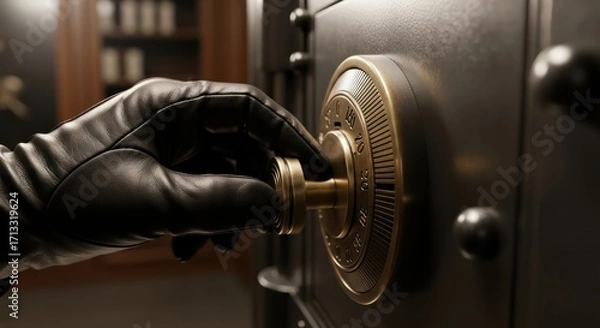 Fototapeta Cracking under pressure: A gloved hand turning a vault's combination dial with determination