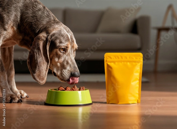 Obraz A dog is eating from a green bowl