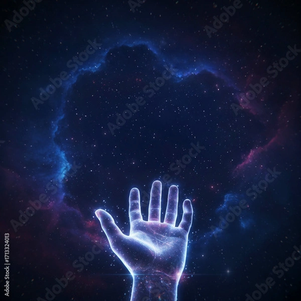 Fototapeta Radiant digital virtual AI hand toward a cosmic void surrounded by glowing nebula clouds, evoking mystery, exploration, and infinite universe. Presentation of a blank empty background with copy space