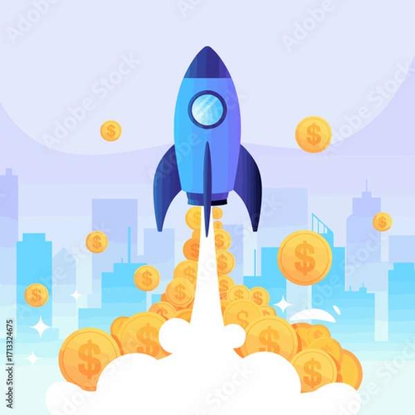 Fototapeta A visually captivating image of a rocket propelling upward, scattering golden coins in an urban landscape, symbolizing prosperity and the promise of success.