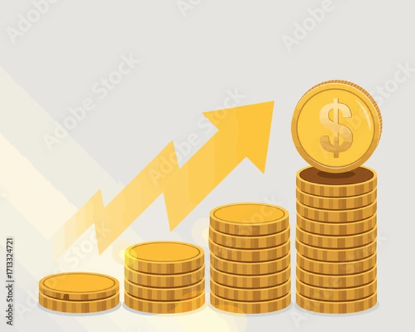 Fototapeta A visually appealing graphic showcasing stacked golden coins with an upward arrow, indicating economic growth and financial progress in investment opportunities.