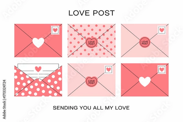 Fototapeta An assortment of charming envelopes and postcards designed for love letters, featuring delightful patterns and heartfelt sentiments in soft pastel colors.