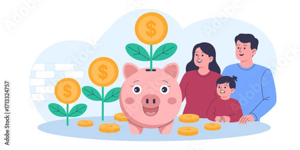 Fototapeta A playful family with a cute piggy bank and coins, representing the cheerful notion of saving for the future while fostering family values and joy in finances.