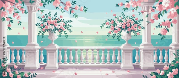 Fototapeta This serene image showcases a beautifully designed balcony adorned with pink flowers and greenery, overlooking a tranquil sea at sunset. Perfect for any calming art collection.