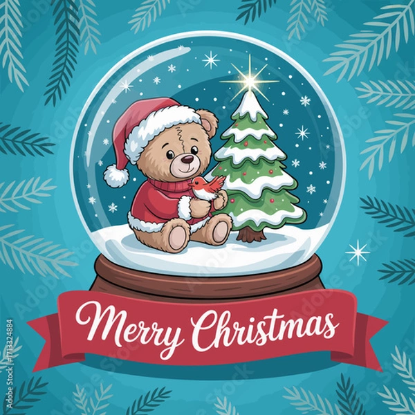 Fototapeta A delightful snow globe depicting a playful bear in a Santa hat, surrounded by a beautiful Christmas tree, evoking warm holiday feelings and childhood wonder.