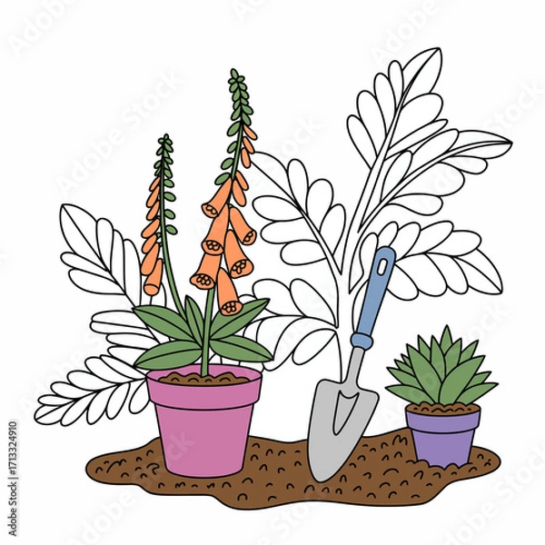 Fototapeta A charming display of stylized potted plants and a shovel highlights the beauty of gardening, representing creativity, nurturing and the joy found in nature's bounty.