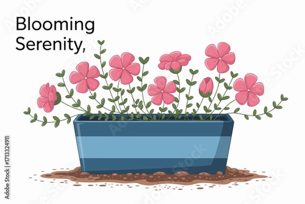 Fototapeta A beautiful arrangement of blooming pink flowers in a blue container featuring the phrase 'Blooming Serenity,' highlighting a peaceful and harmonious connection with nature.