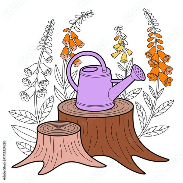 Fototapeta A delightful illustration showcasing a purple watering can set on tree stumps, surrounded by lush blooming flowers, capturing the beauty of a serene garden.