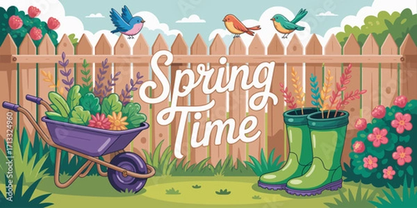 Fototapeta This illustration showcases a vibrant spring garden, highlighted by a wheelbarrow filled with flowers, colorful birds, and green boots, embodying the essence of spring.