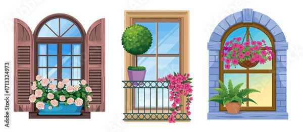 Fototapeta This illustration highlights charmingly designed windows overflowing with various blooming plants, contributing to a warm and inviting atmosphere filled with homey comfort.