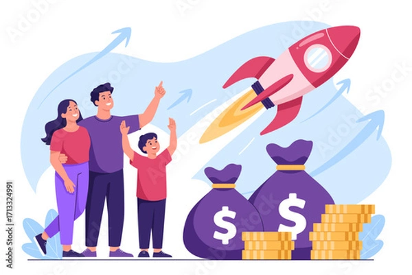 Fototapeta A joyful family watches a rocket launch, symbolizing ambition and financial success, surrounded by money bags and gold coins, highlighting prosperity and excitement.