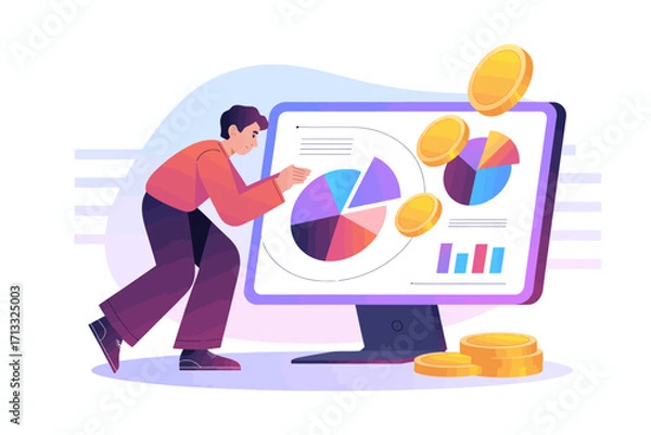 Fototapeta A focused scenario where a professional engages with colorful pie and bar charts on a screen, representing data analysis for informed decision-making in business growth strategies.