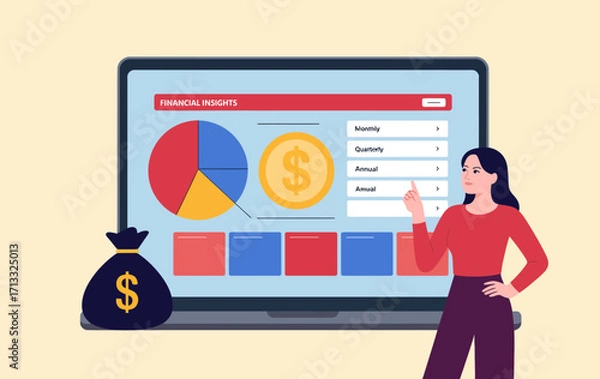 Fototapeta This image showcases a financial insights dashboard, featuring colorful charts and a money bag, ideal for illustrating financial analysis and management concepts.