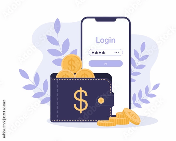 Fototapeta A visually appealing illustration of a digital wallet overflowing with coins and cards, integrating elements of modern finance and abstract design to engage viewers.