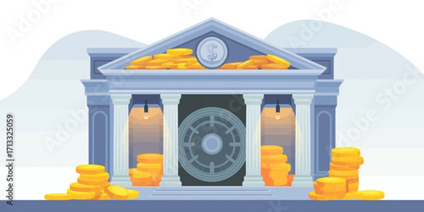 Fototapeta A stylized image of a bank with a vault and stacks of coins, representing financial security, growth, and the importance of saving for future prosperity and stability.