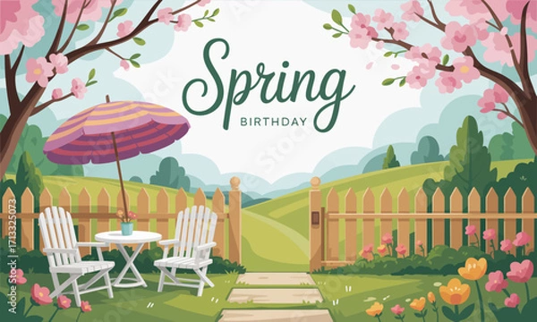 Fototapeta A lively spring birthday scene featuring pink flowers and a sunny sky, perfect for celebrating a joyful and memorable birthday in a beautiful outdoor setting.