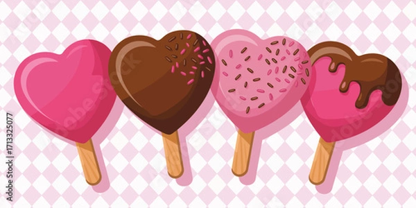 Fototapeta A collection of heart-shaped ice cream pops in pink and chocolate, perfect for sweet treats, celebrations, and spreading love during any occasion or event.
