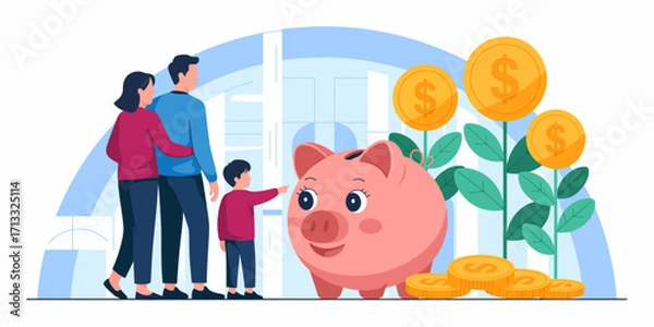 Fototapeta The image features a family standing beside a cheerful piggy bank, symbolizing savings, financial planning, and the importance of teaching children to save money for the future.