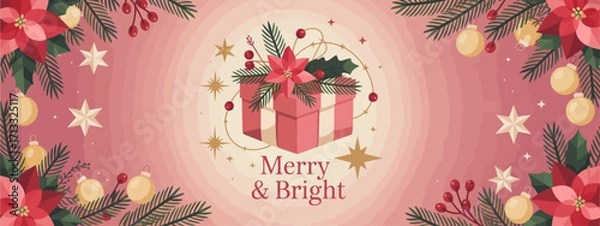 Fototapeta A cheerful Merry Christmas design showcasing a beautifully decorated gift box surrounded by vibrant red flowers and pine elements, evoking a sense of holiday joy and warmth.