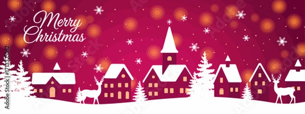Fototapeta This festive image showcases a picturesque Christmas village adorned with snow, reindeer, and a charming church tower, creating a magical seasonal atmosphere.