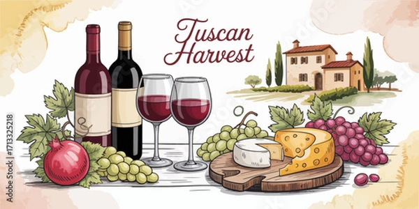 Fototapeta This picturesque scene showcases a bounty of wine, cheese, and fresh grapes from the Tuscan harvest, celebrating the rich flavors of Italian cuisine in a warm, inviting setting.