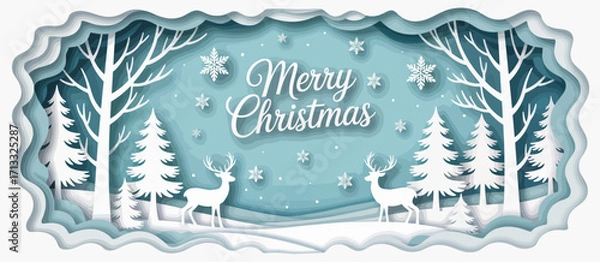 Fototapeta A beautiful paper cutout scene depicting reindeer and snow-covered trees with a soft blue background, perfect for Christmas-themed celebrations and decorations.
