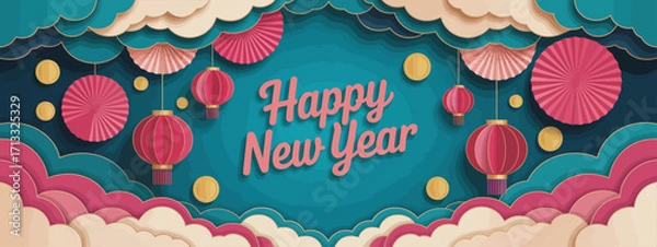 Fototapeta An elegant design expressing Happy New Year, adorned with beautiful lanterns and a colorful cloud background, evoking feelings of joy, warmth, and celebration for the season.
