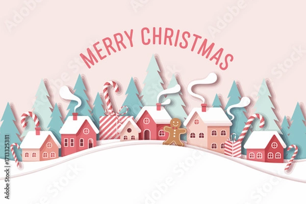 Fototapeta A charming Merry Christmas village scene with pastel houses, festive decorations, and a gingerbread man, designed to evoke the joy and warmth of the holiday season.