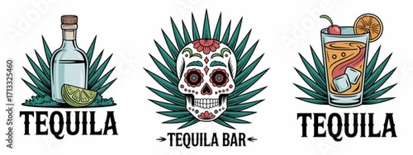 Fototapeta This iconic tequila bar logo showcases a distinct design featuring a bottle, a cocktail glass filled with ice, and a slice of lime, capturing the spirit of vibrant nightlife.