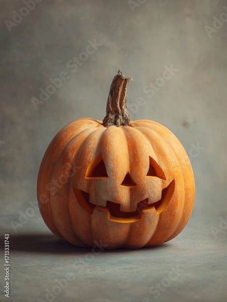 Fototapeta Portrait of a Jack O Lantern carved from an orange pumpkin isolated on a grey background. Design and poster ready with free copy space for text