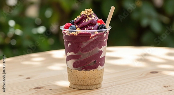 Fototapeta Acai smoothie with layers, granola, and berries in plastic cup on wooden table.