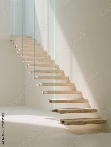 Fototapeta Contemporary floating wooden staircase with a minimalist glass balustrade in a sunlit interior.
