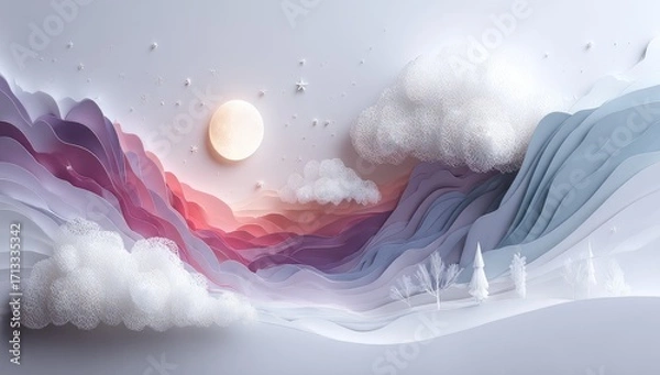 Obraz Layered paper mountains, clouds, and moon