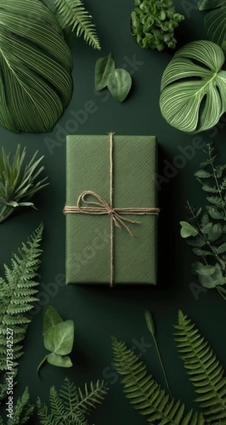 Fototapeta A green gift box, simply wrapped with twine, is surrounded by various lush green leaves and ferns against a deep green background, creating a serene, nature-inspired aesthetic