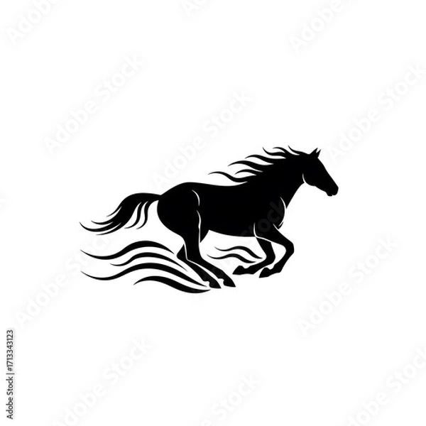 Fototapeta Black Silhouette Running Horse with Flowing Mane and Tail on White Background