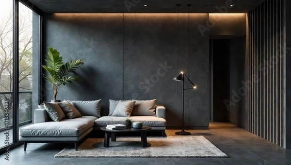 Fototapeta Sleek, modern slate lighting illuminates a minimalist interior The subtle grey tones create a sophisticated and calming ambiance, perfect for modern home design , grey lighting, elegant