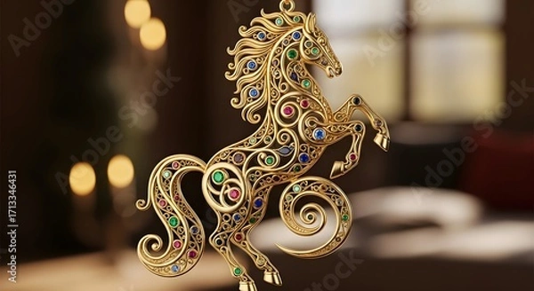 Fototapeta Decorative Gold Horse Ornament with Colorful Gems on Swirled Design in Elegant Interior Setting