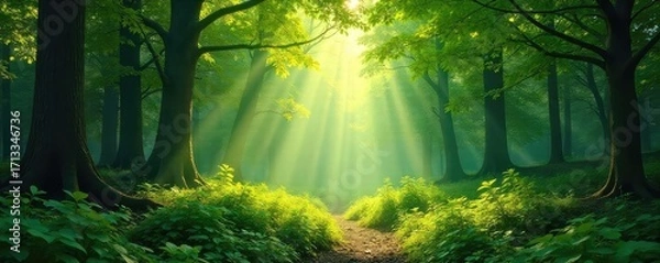 Fototapeta Magical Sunlight Dapples Lush Green Forest Floor, Creating Tranquil Woodland Atmosphere - Perfect for Nature, Travel, and Environmental Projects