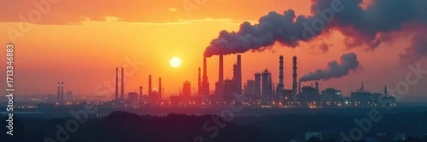 Fototapeta Thick, hazy smog hangs heavy over an industrial oil refinery complex at sunset, polluting the air The scene depicts environmental consequences of oil production , atmosphere, air