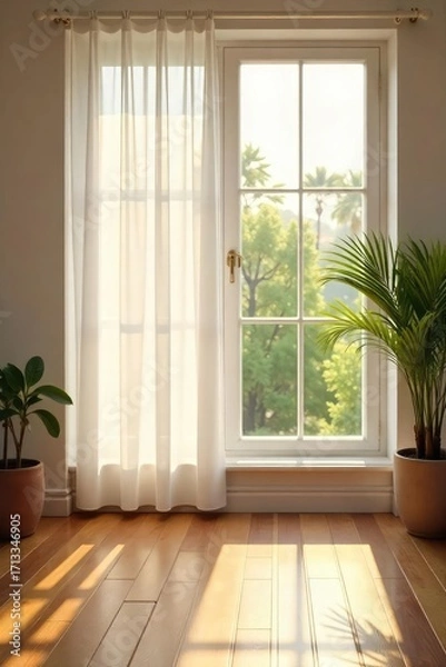 Fototapeta Sunlight streams through sheer window blinds, casting delicate shadows on a wooden floor A peaceful, minimalist home interior scene with soft light and natural textures , elegant, clean