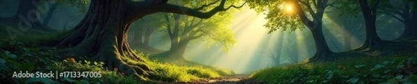 Fototapeta Untamed wilderness, sunlight dappling through ancient trees in a lush, vibrant forest Deep shadows and sunlight create a magical, mystical atmosphere , shadows, magical, detail