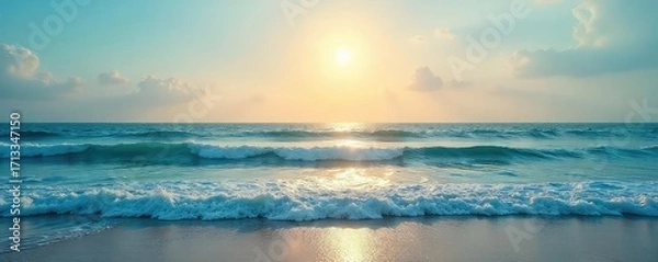 Fototapeta Vast, tranquil ocean stretching to the hazy horizon Sun-kissed waves gently lap the shore, creating a serene and peaceful seascape Perfect for travel, nature, and serenity themes , wide shot, vista
