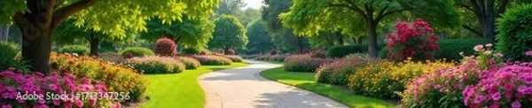 Fototapeta Serene Park Oasis Vibrant Flowers, Whimsical Sculptures, and a Relaxing Atmosphere Perfect for Recreation and Peaceful Escape
