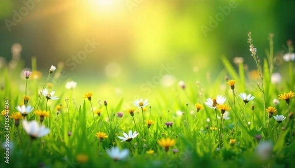 Fototapeta Vibrant, sunlit meadow bursting with wildflowers and lush green grass Perfect for spring, summer, or nature-themed projects A serene and refreshing backdrop , bloom, natural