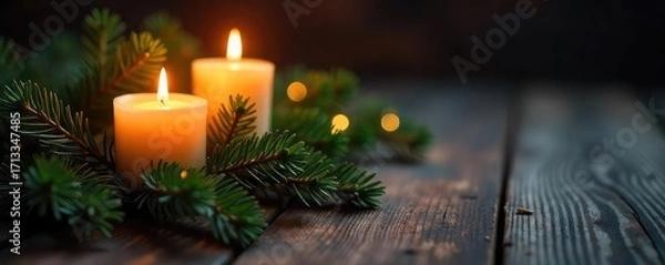 Fototapeta Warm, flickering candlelight illuminates a cluster of pine branches, casting enchanting shadows on a rustic wooden surface Perfect for holiday, winter, or nature themes , branches, wooden surface