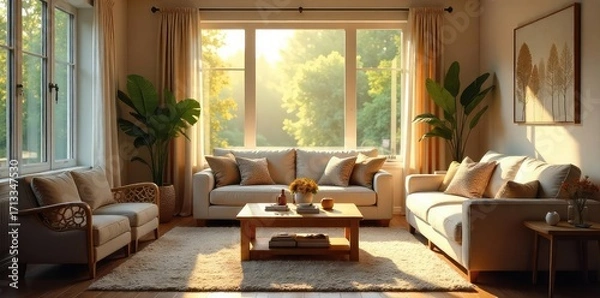 Fototapeta Warm, inviting family living room with comfortable furniture, soft lighting, and cozy decor Perfect for relaxation and togetherness Natural light streams through large windows , bookshelf, decor