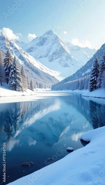 Fototapeta A breathtaking winter landscape, featuring a frozen lake reflecting a clear, cold sky Perfect for winter themes, travel, and nature projects Crisp, clean, and utterly serene , landscape, view, icy