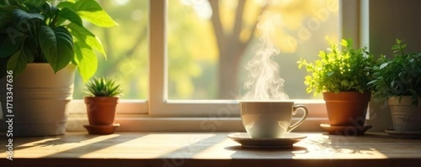 Fototapeta Sunlight Streams into a Productive Workspace Plants, Mug, and Positive Monday Morning Vibes