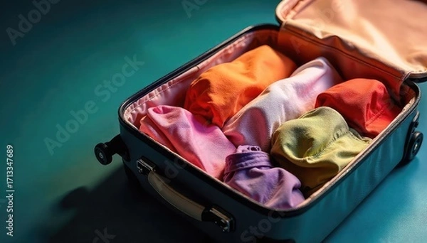 Fototapeta A brightly lit open suitcase overflowing with neatly folded clothing and travel essentials, ready for an exciting journey , adventure, accessories