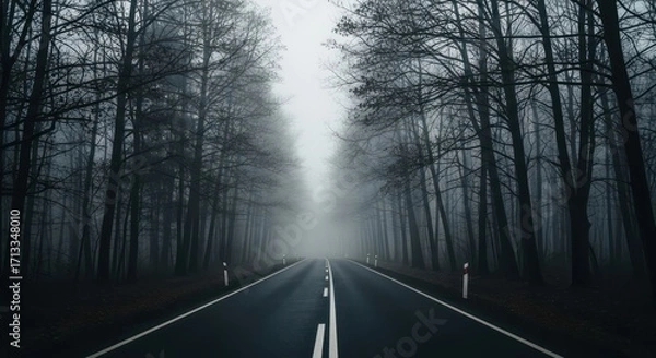 Fototapeta Eerie Fog Blankets a Road Cutting Through a Dark Forest Offering a Mysterious Drive
